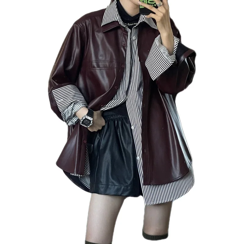 2024Новое осенне-зимнее пальто из натуральной кожи фиолетового цвета женская