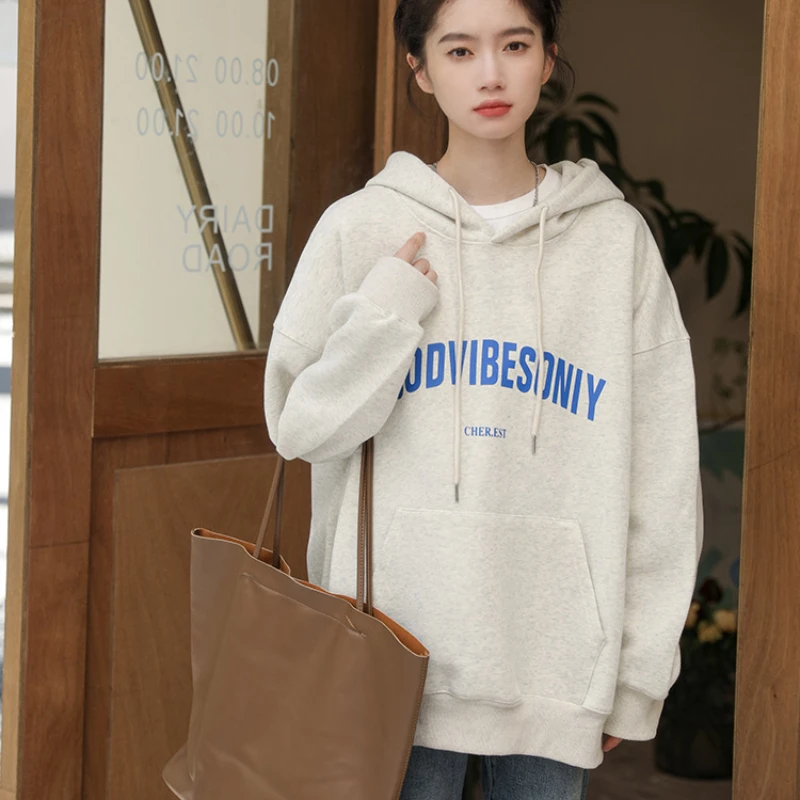 

New Autumn and Winter Women Hooded Sweatshirt Hoodie Letter Printing Top Loose Long Sleeve Retro Female Fashion Casual Tops