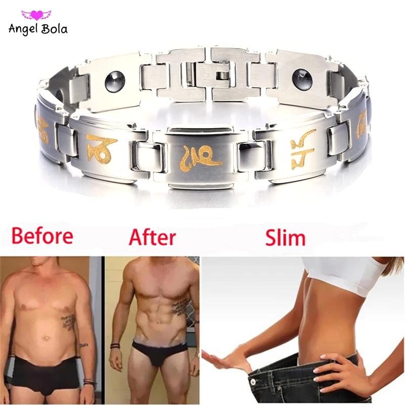 Регулируемый браслет магнитотерапии для похудения с круглым черным камнем, роскошный продукт для похудения из нержавеющей стали.