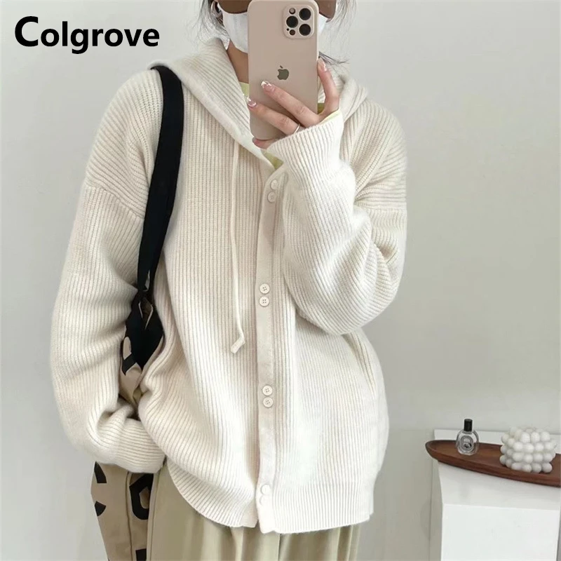 

Colgrove 2022 Autumn&Winter Women Korean Fashion Loose Solid Color Single Breasted Hooded Knitted Sweaters Ladies Cardigans