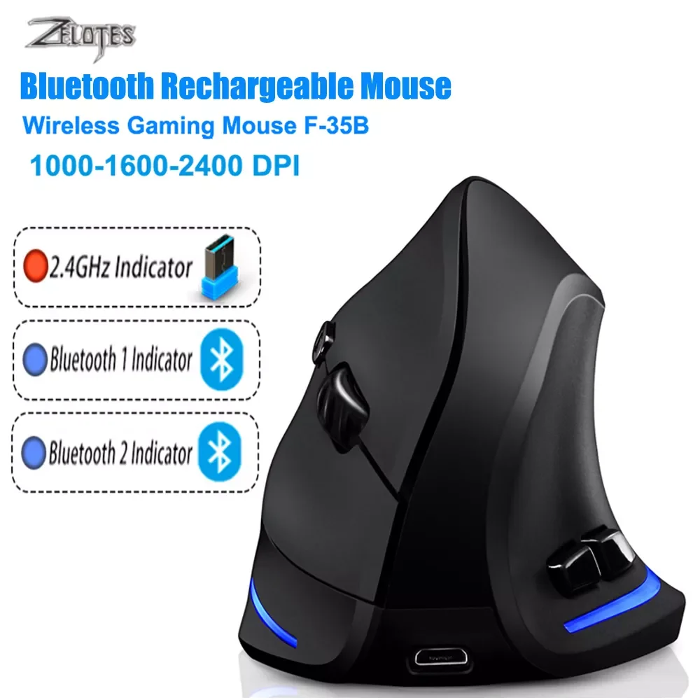 

ZELOTES Bluetooth Mouse Vertical Wireless Mouse Recharge Optical RGB USB Game Mice For Windows Mac 2400 DPI 2.4G For PUBG LOL CS