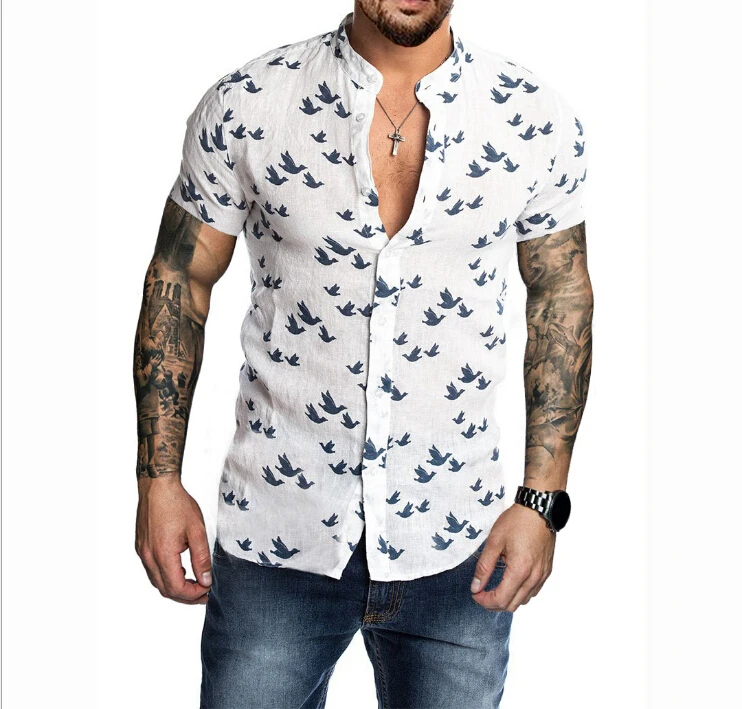 

Gothic Cotton linen Floral Printed Short Sleeve Shirt for Men Casual Streetwear Slim Fitness Men Shirts Blouse