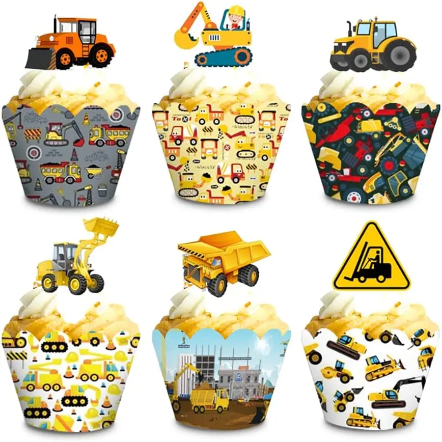 

2pcs Construction Truck Cupcake Toppers and Wrappers Set Bulldozer Tractor Excavator Themed for Kids Boys Birthday Party Supplie