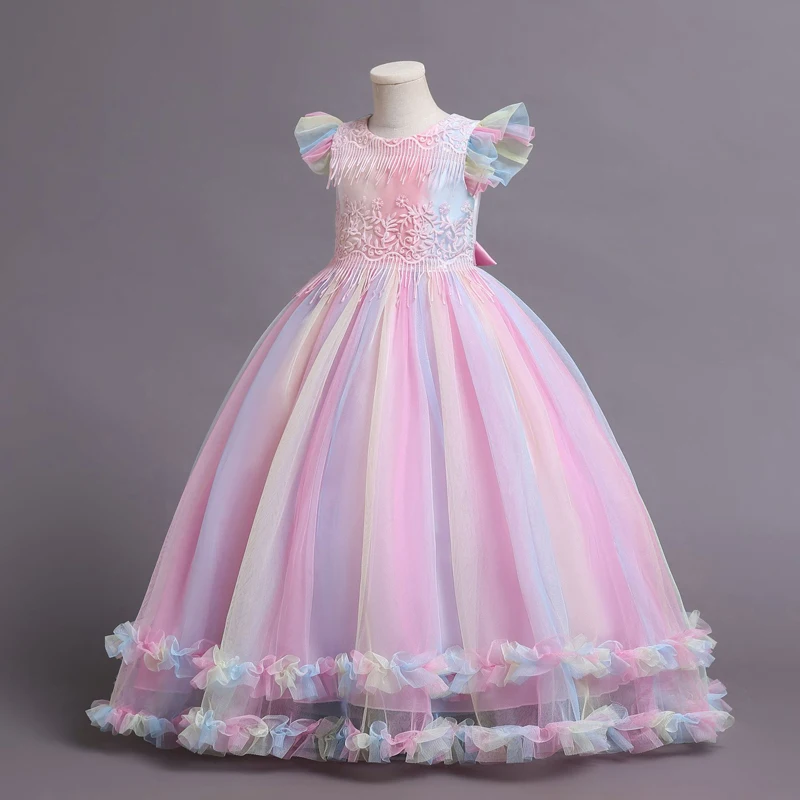 

EACHIN 2022 New Girls Elegant Mesh Princess Dresses Fashion Fly Sleeve Rainbow Wedding Dress Children's Long Tulle Party Clothes