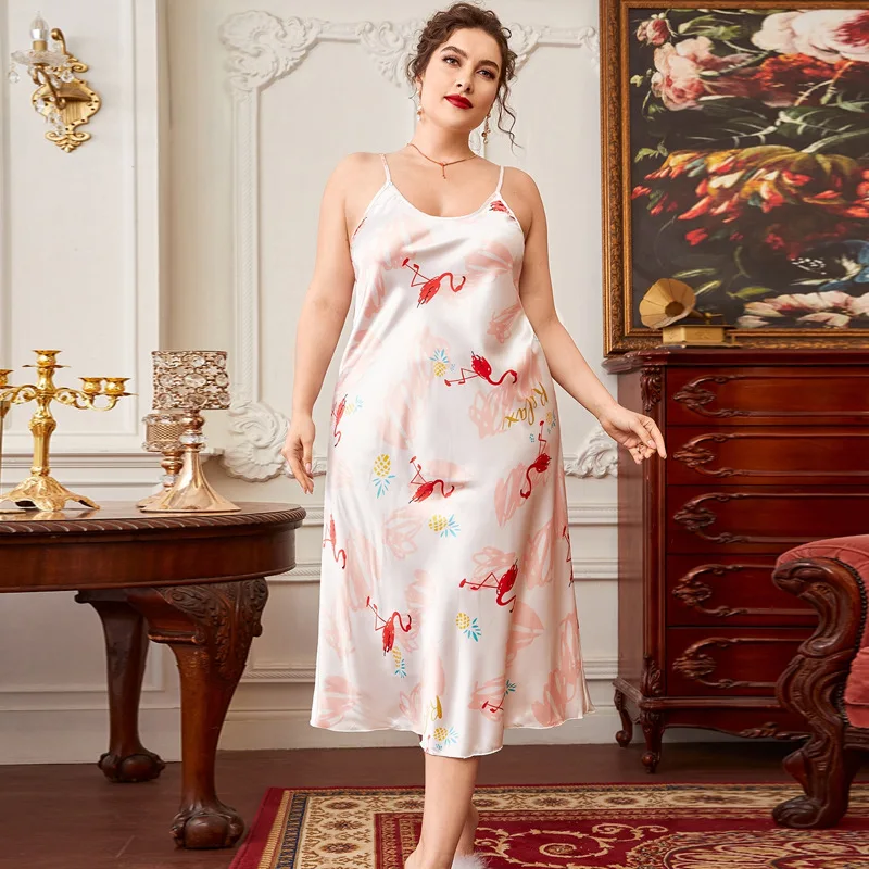 

Jxgarb V Neck Sleeveless Mid-calf Printed Flamingo Flower Faux Silk Nightdress Sleepwear Luxury Casual Nightwear Dressing Gowns