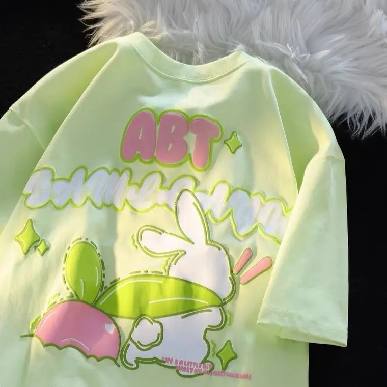 

Cute Printed Rabbit Short Sleeved T-shirt for Womenins Trendy Summer Design Senseniche Loose and Versatile Pure Cotton Top