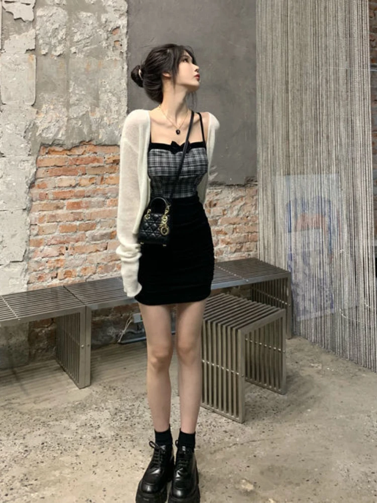 

Preppy Women Suit Cardigan + Camis Plaid Dress 2 Pieces Sexy Skinny Summer Office Lady Elegant Chic Female Suits Kawaii Students