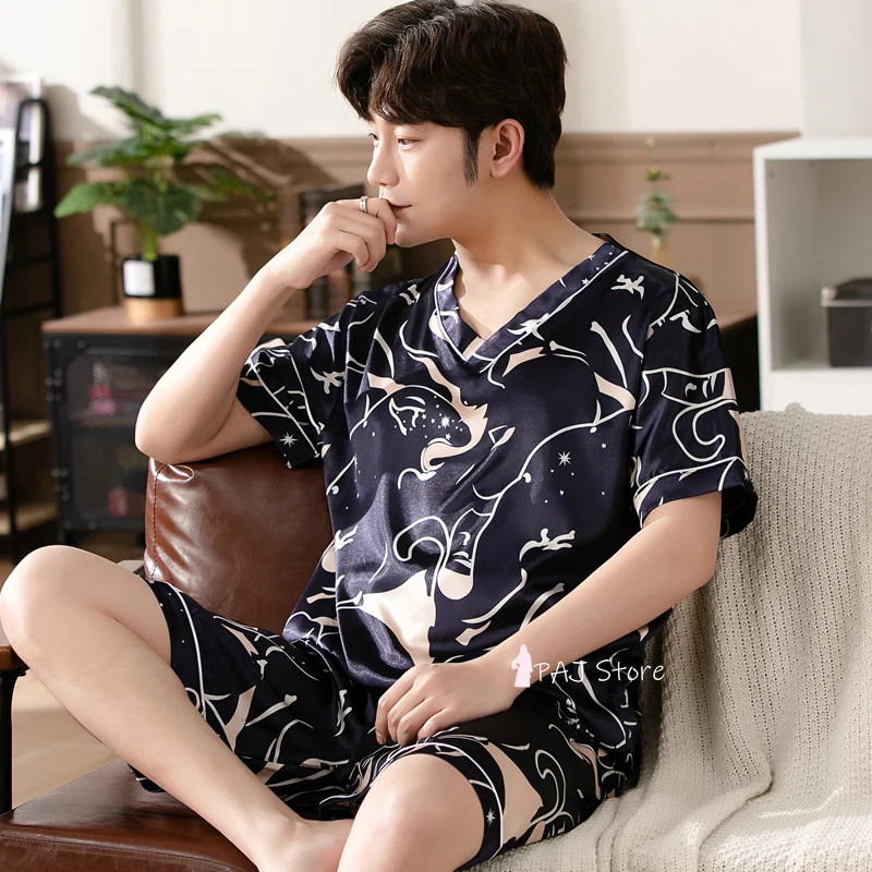 Summer Pajamas 3XL Men Silk Satin Pullover Shorts Two Piece Set Sleepwear Man Pajama Home Clothes Nightwear Men Sleep Lounge