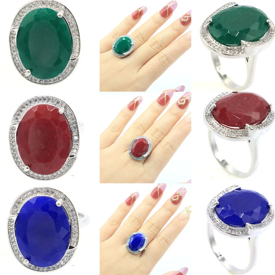 

25x20mm Big Oval Gemstone 8.3g Real Green Emerald Blue Sapphire Red Ruby CZ Women Engagement 925 Silver Rings Bride Fine Jewelry