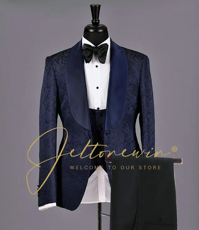 

Красивый жаккардовый комплект для мужчин, блейзер с лацканами + жилет + брюки, одежда для жениха, свадебные костюмы для мужчин, смокинг, костюмы для мужчин