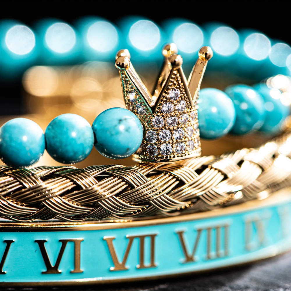 

Luxury Set Bracelets Men&Women CZ Crown Handmade Enamel Roman Numeral Bangles Rope Buckle Turquoise Stone Beads Jewelry Pulseras