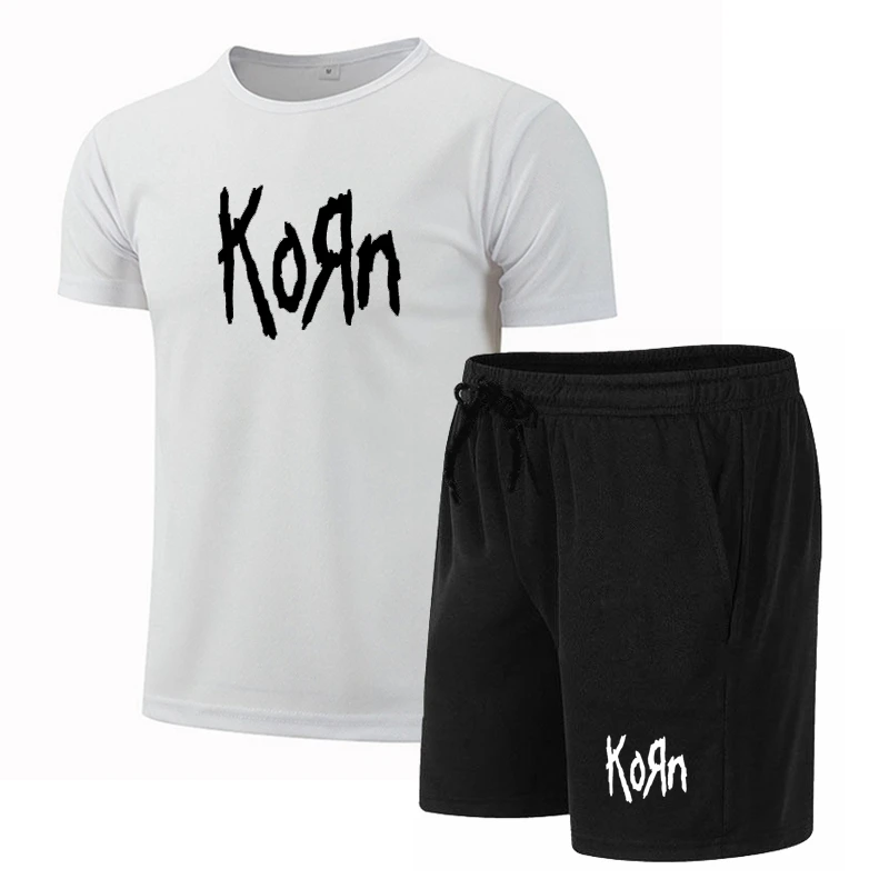 

Новинка, спортивная одежда KORN, летний костюм, мужской фитнес-костюм, спортивный костюм, футболка с коротким рукавом + шорты, Быстросохнущий Спортивный костюм для мальчиков