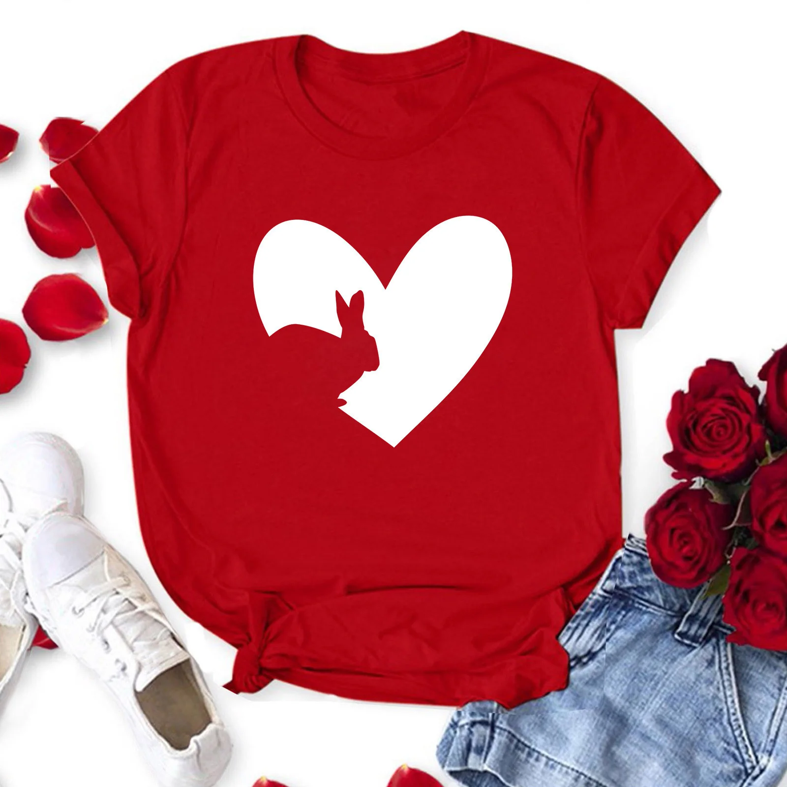 

Dinboa-женские футболки с принтом сердца на День святого Валентина, корейская мода, футболка с круглым вырезом и коротким рукавом, милый топ, эс...