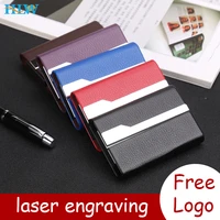 laser engraved logo luxury business card holder metal box credit card aluminum leather business card case card holder wallet