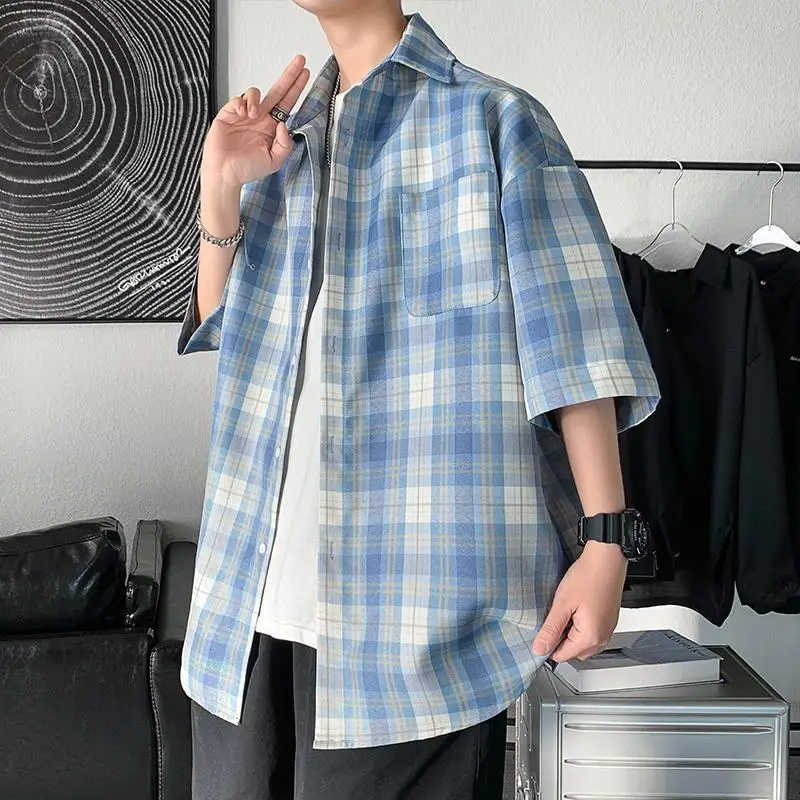 

British Style Shirts for Men Fashion Men Clothing 2023 Summer Short Sleeve Men Casual Plaid Shirts Slim Fit Male Clothing Q45