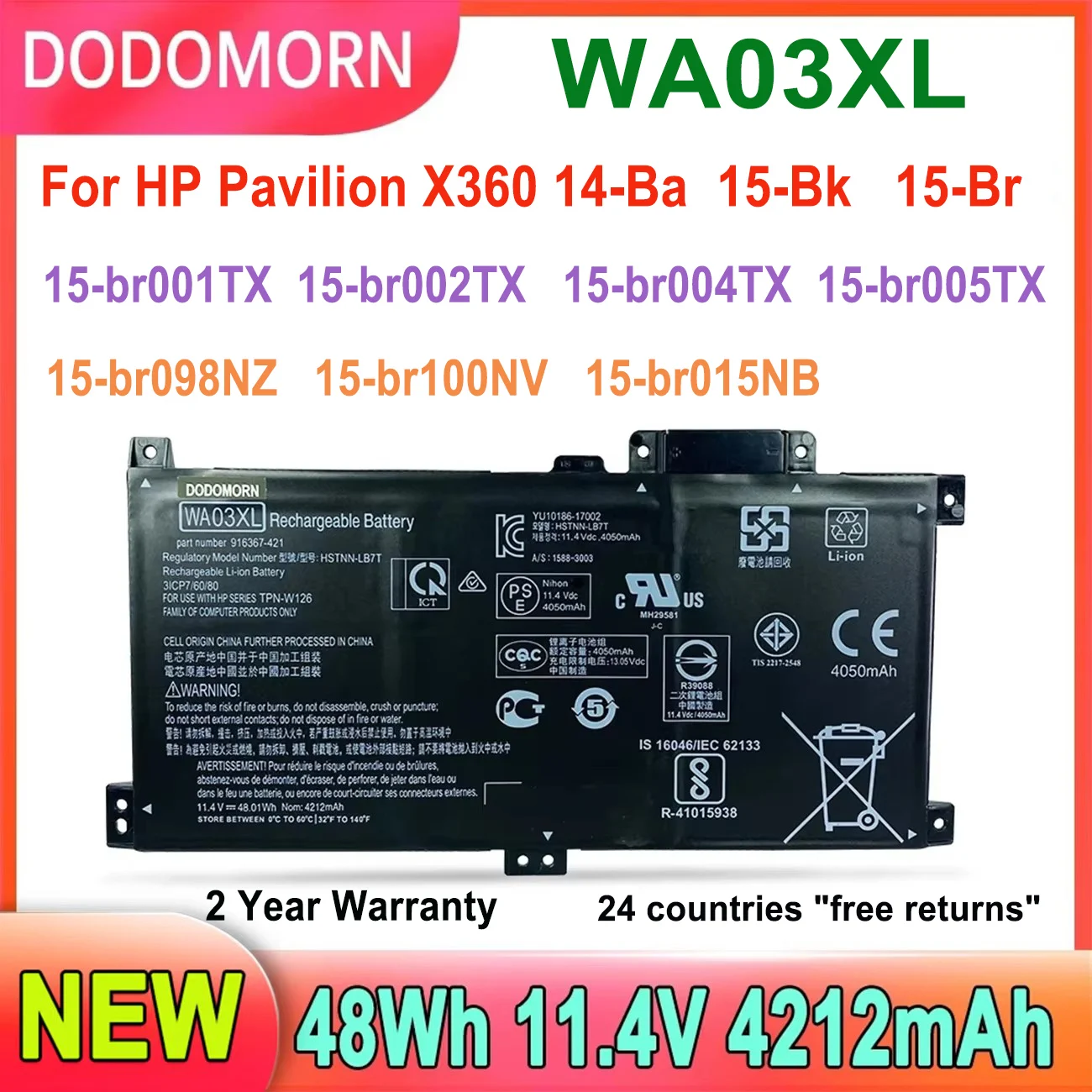 DODOMORN Аккумулятор для ноутбука WA03XL HP Pavilion X360 14-Ba 15-Bk 15-Br 15-br001TX 15-br005TX 15-br000 5-br020CA Series 48