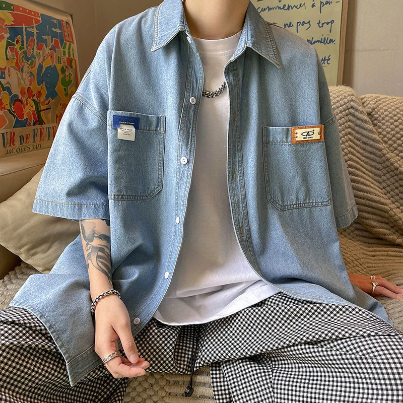 

Summer Pocket Men's Denim Shirts Short Sleeve Solid Color Oversized Male Washed Blouses Casual Korean Clothing
