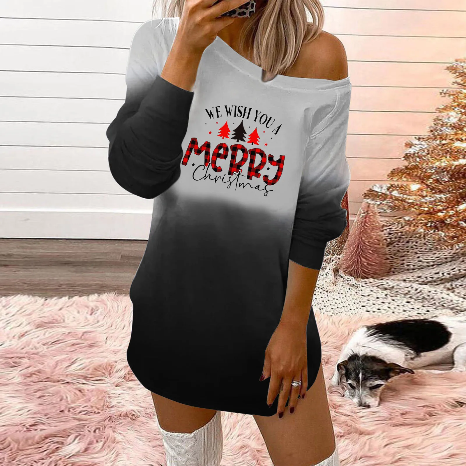 

Womens Fashion Christmas Print Round Neck Off Shoulder Long Sleeve Pullover Long Top Gradient Colorblock Hip Dress