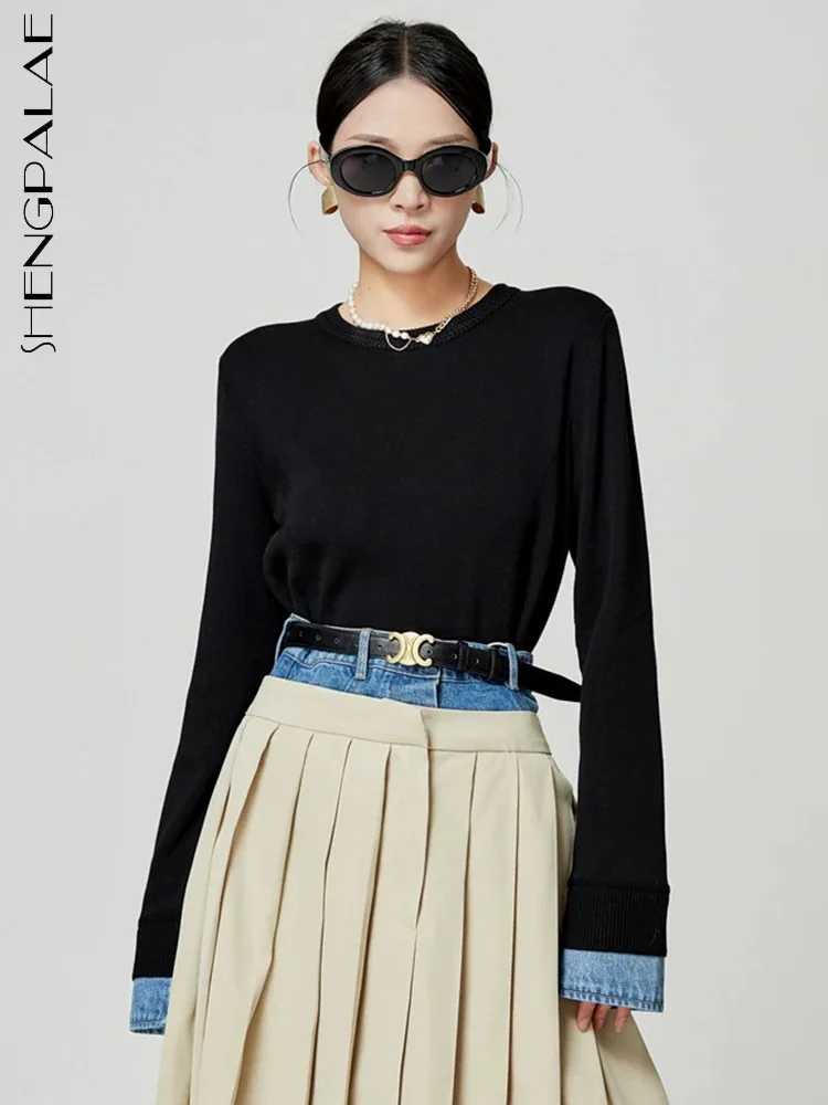 

SHENGPALAE джинсовый свитер для женщин с круглым вырезом и длинным рукавом Женский Повседневный шерстяной вязаный пуловер осень 2023 Новые короткие топы 5R7233