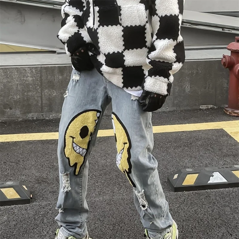 Irregular Ripped Hole Jeans Denim Pant Woman Man Straight Patchwork Baggy Boyfriend Y2k Punk Kpop Harajuku Streetwear Hip Hop