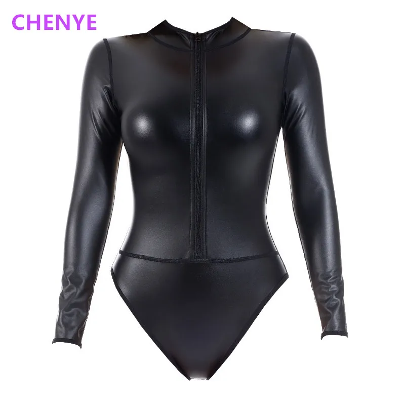 Фото Body Shaper женское сексуальное женское белье на молнии спереди с высоким воротом и длинными рукавами боди из искусственной кожи сценическое представление цельные комбинезоны №1