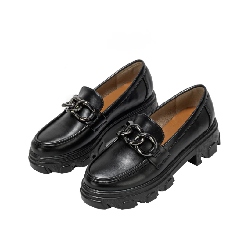 New Women's Light Leather Loafer Shoes Round Toe Thick Bottom British Style Metal Buckle Women's Single Shoes