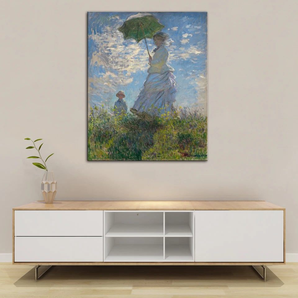 Женщина с зонтиком - Мадам Моне и ее сын Знаменитые картины Клода Моне на холсте для стены.