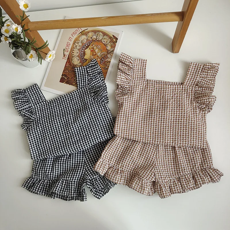 

Baby Girl Plaid Clothes Set Casual Ruffle Sleeves T-shirt Top Shorts Girl Simple Set Kid Summer Bebes Accesorios Recien Nacido