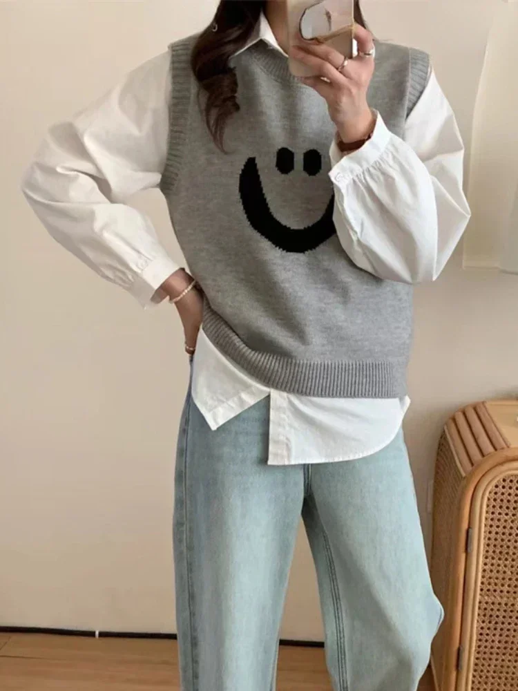 Вязаные жилеты со смайликом и круглым вырезом для женщин осень 2022 новый