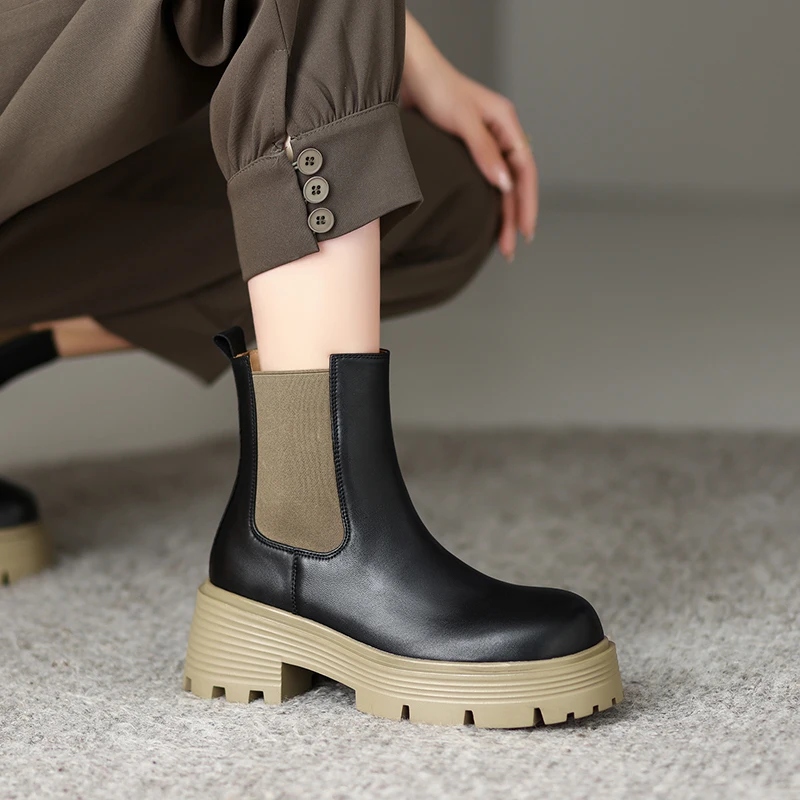 

YPP 2023Boots Genuine Leather Chunky Heels Pumps Working Party Shoes Woman Concise Elastic Band Platform Female Women Winter