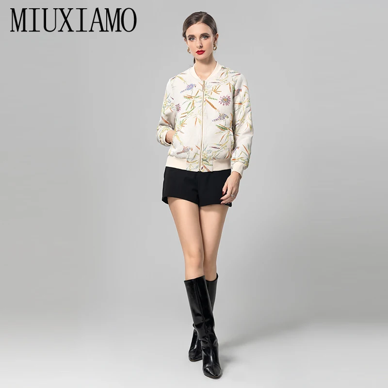 Фото MIUXIMAO 2025 офисная женская осенняя куртка с длинным рукавом и бриллиантами, цветочным листом и птицей, жаккардовые королевские куртки, женские платья №2