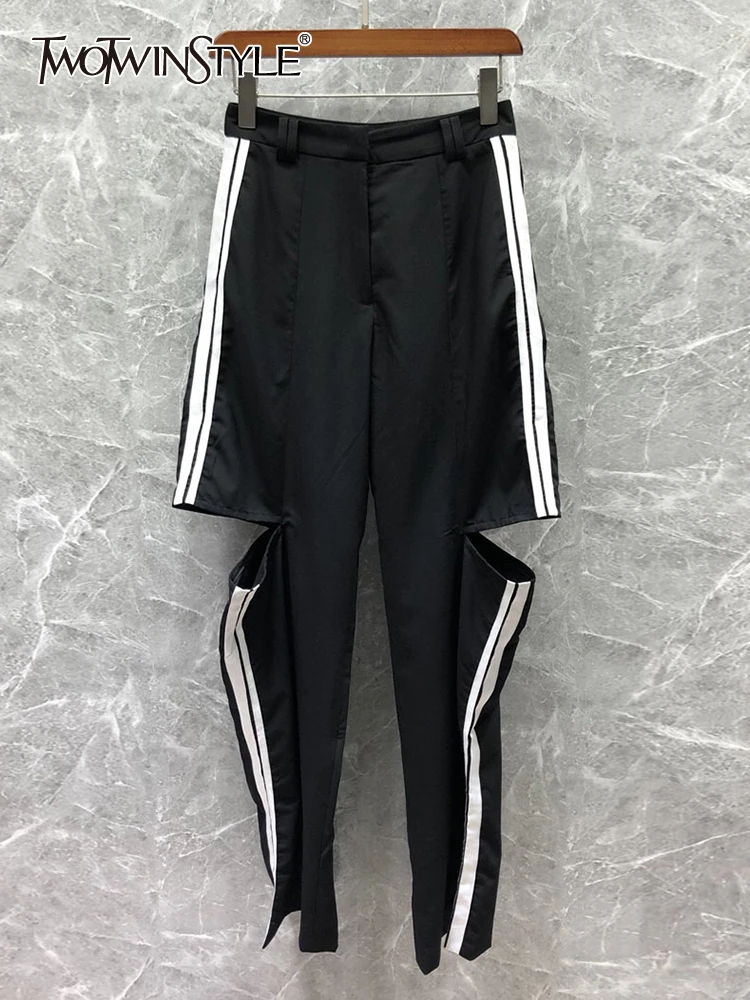 

TWOTWINSTYLE Cut Out Striped Straight Pants For Women High Waist Colorblock Loose Trousers Female Spring Clothing 2022 Style New