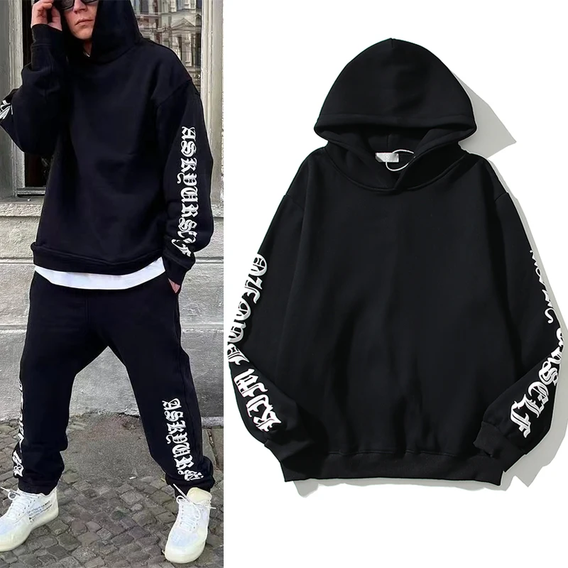

Sanskrit Letter Puff Black Winter Men's Fleece Hooded Hoodies Retro High Street Patchwork Loose Casual Pullover Sweatshirts