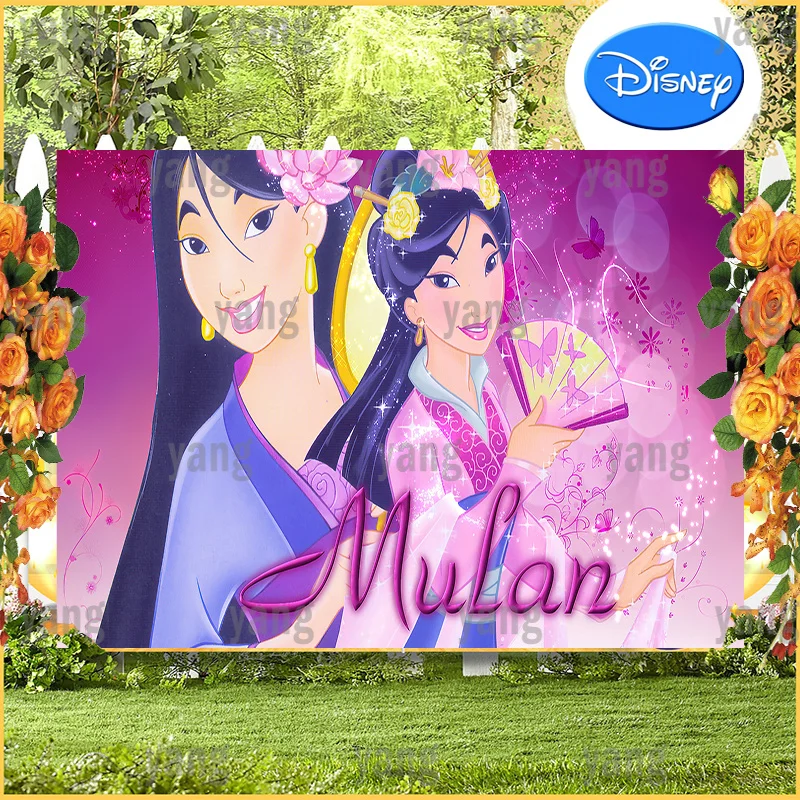 Enlarge Purple Disney Photo Backdrop Beautiful Brave Princess Mulan Cartoon Decoration Background for Baby Children Happy Birthday Party