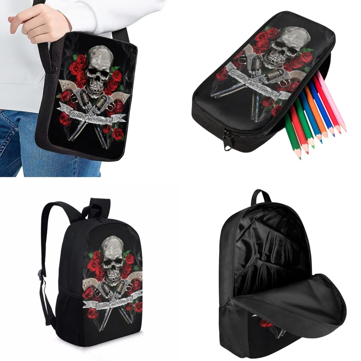 Jackherelook Gothic Skull Rose Fashion School Bags for Teenagers Casual Backpack Boys Girls Book Bags 3pcs Student Travel Bags