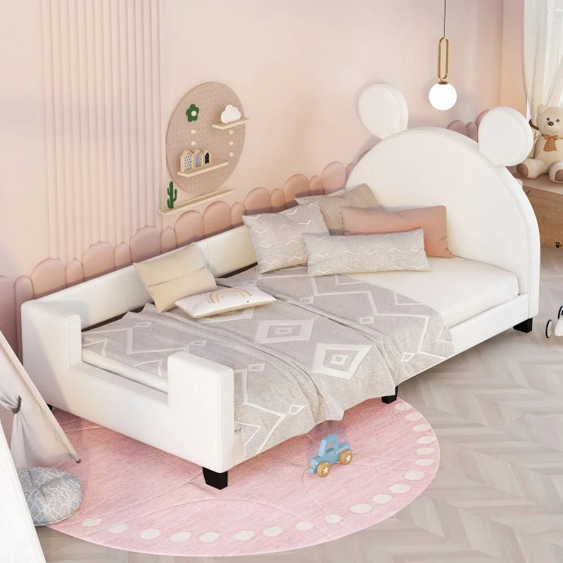 For Children Twin Size Upholstered Daybed With Mickey Mouse Ears Headboard, White
