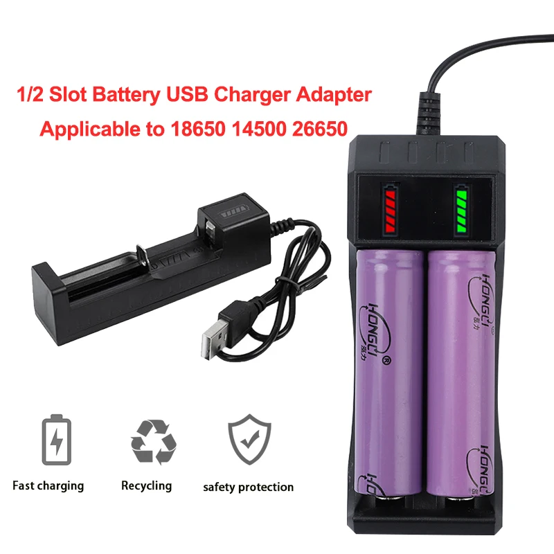 

Universal 1/2 Slot Battery USB Charger Adapter LED Smart Chargering for Rechargeable Batteries Li-ion 18650 26650 14500 Charger