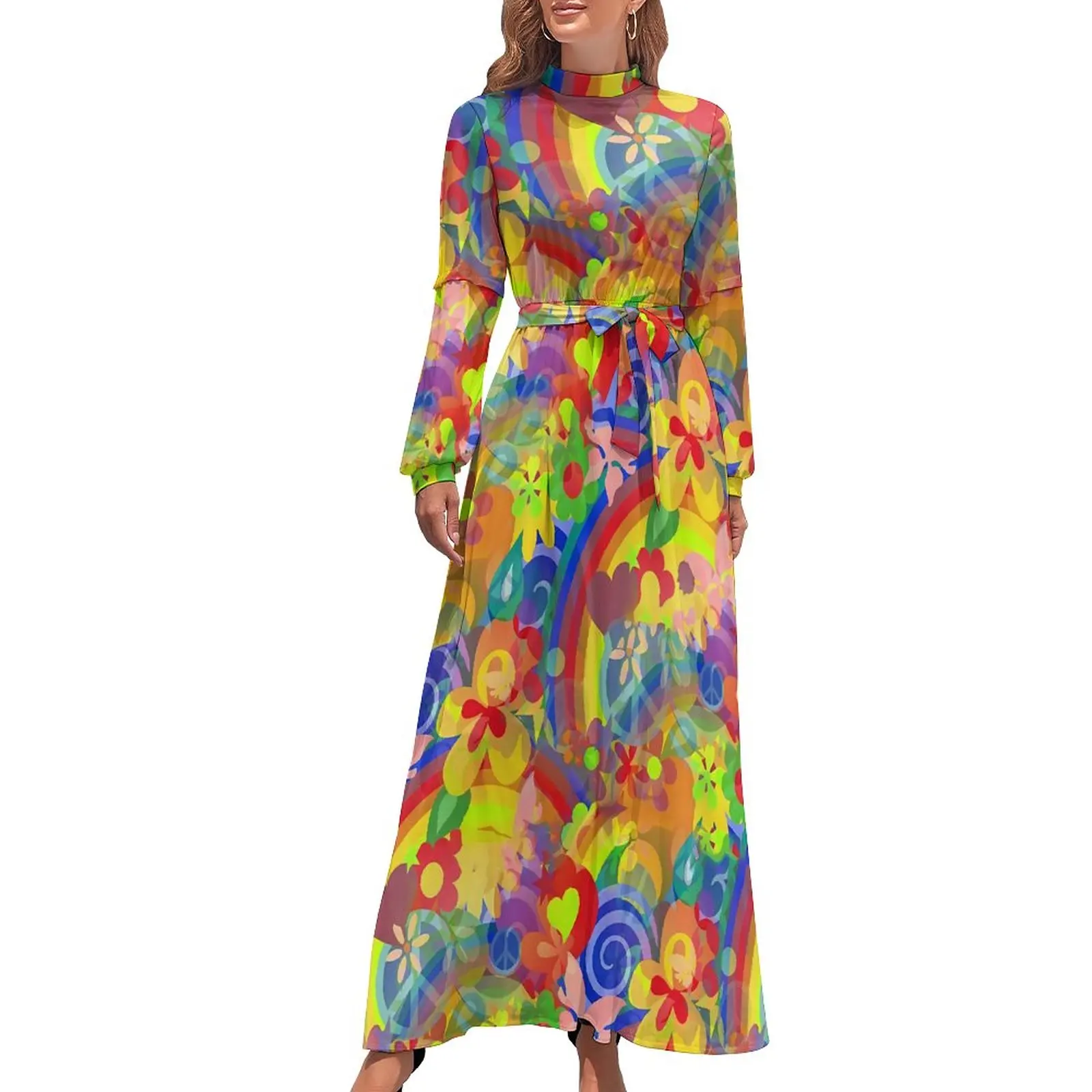 

Flower Power Dress Rainbow Print Korean Fashion Boho Beach Dresses Ladies Long Sleeve High Neck Sexy Long Maxi Dress