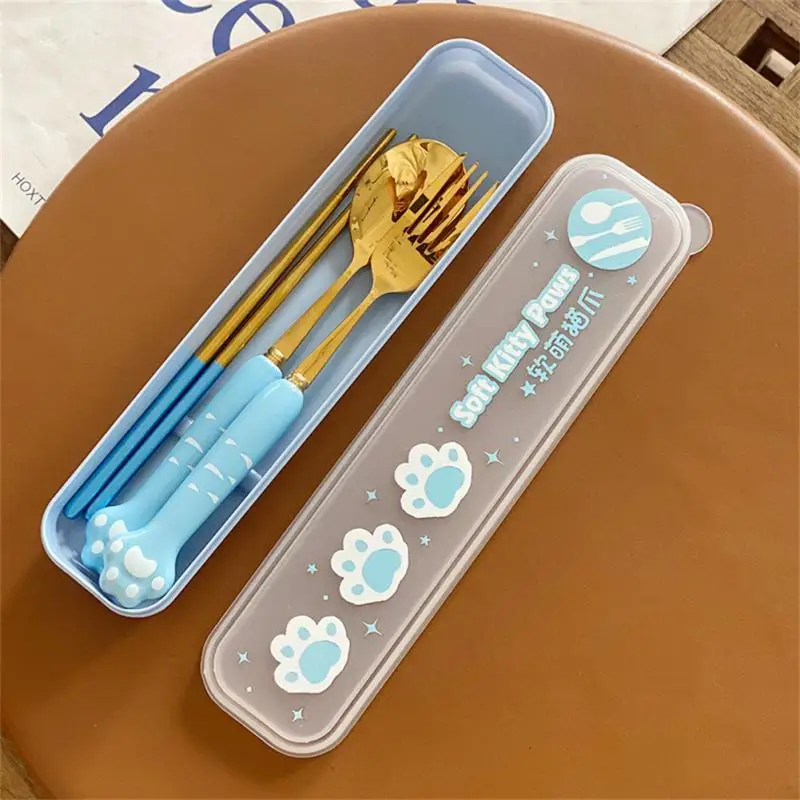 

3in1 Portable Tableware Cutlery Dinner Set Travel Packaging With Storage Box Dinnerware Picnic Fork Spoon Bag Cat Paw Dinnerware