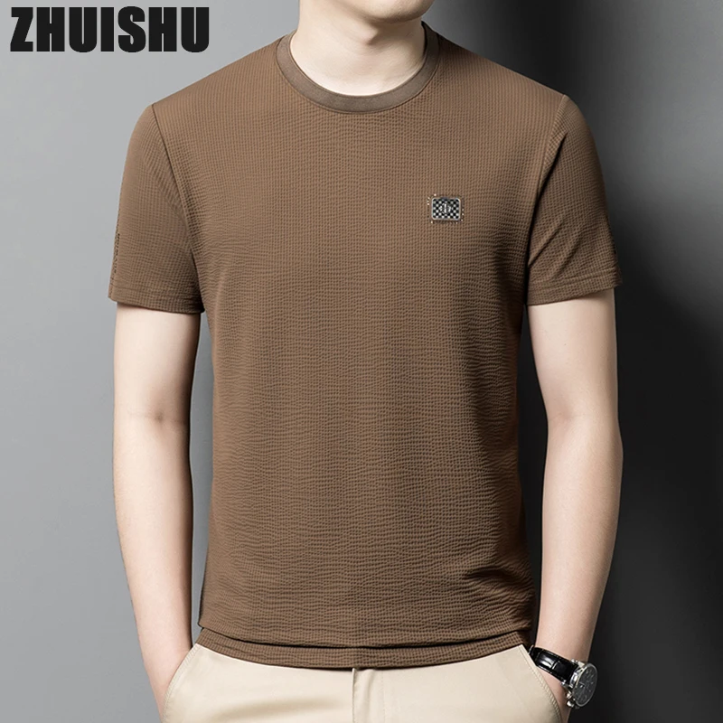 

Summer Fashion High Quality Ice Silk O-neck T Shirt for Mens Pure Color Short Sleeved Men Clothing Breathable Elasticity Tee Top