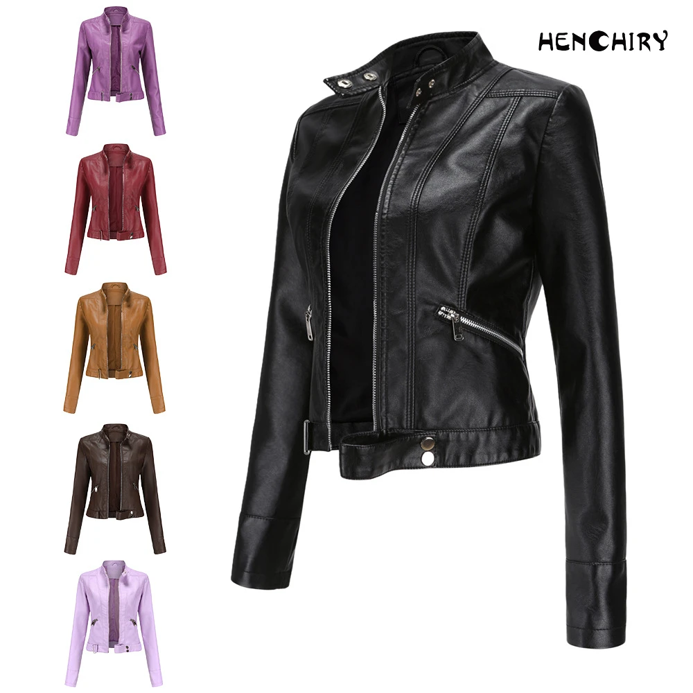 

HENCHIRY 2022 Spring Autumn European and American New Fashion Trendy Stand Collar Short Ladies Leather Jacket Women purple Coat