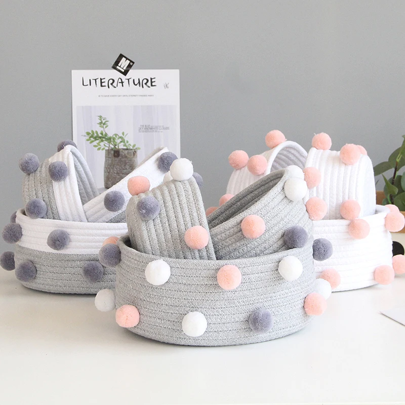 

INS Pompom Cotton Rope Hand Woven Baskets Kids Storage Boxes Dirty Clothes Laundry Basket Toys Desktop Sundries Organizer