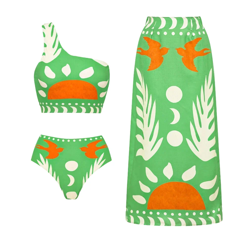 Новинка 2024 комплект бикини женский купальник на одно плечо с принтом из двух