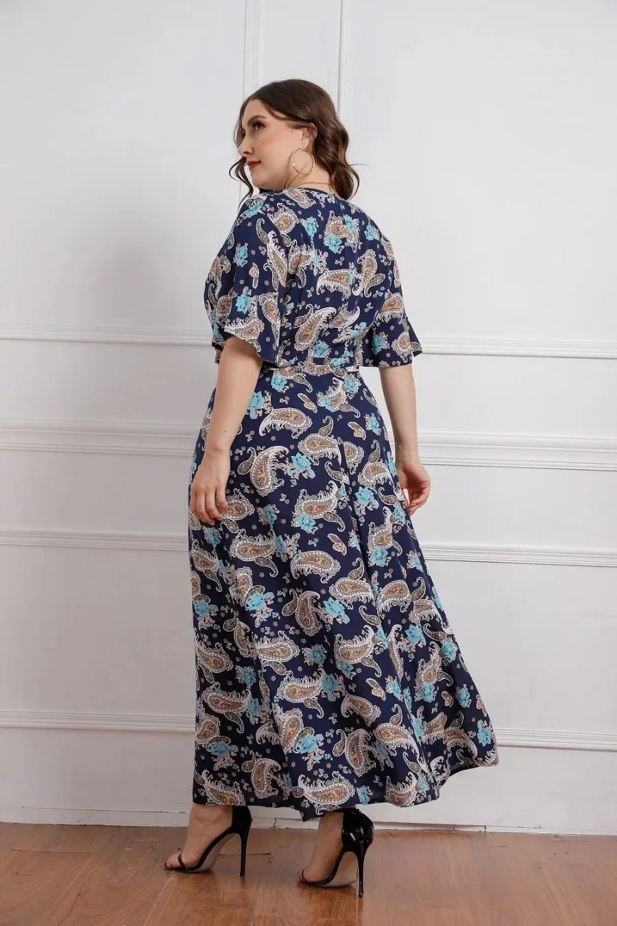 Plus Size Floral Print Short Sleeve Bohemian Summer Viscose Dresses For Women