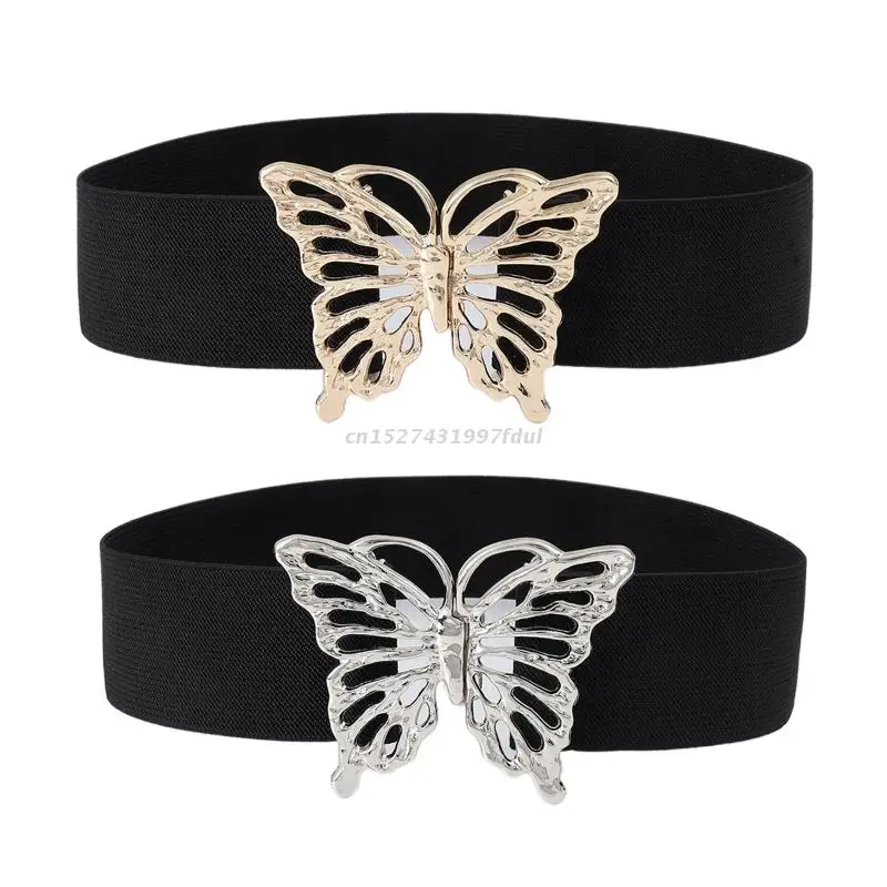 

Retro Elasticity Polyester Belt Stretchy Wide Waist Belt with Butterfly Buckle