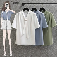 ehqaxin summer womens chiffon tops 2022 new fashion v neck short sleeve casual exquisite buttons shirts for ladies m 4xl