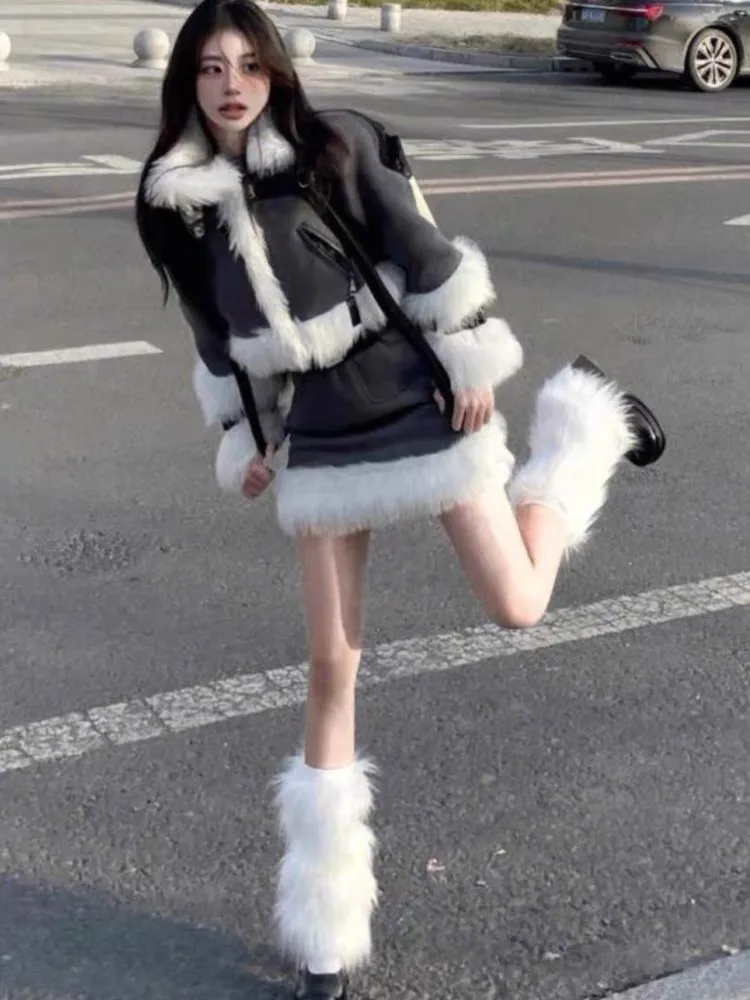 

Y2K 3 Piece Skirt Set Woman Fur Patchwork Warm Cropped Coat Jacket Slim Mini Skirt Fashion Legwarmer Winter Outerwear Outfits
