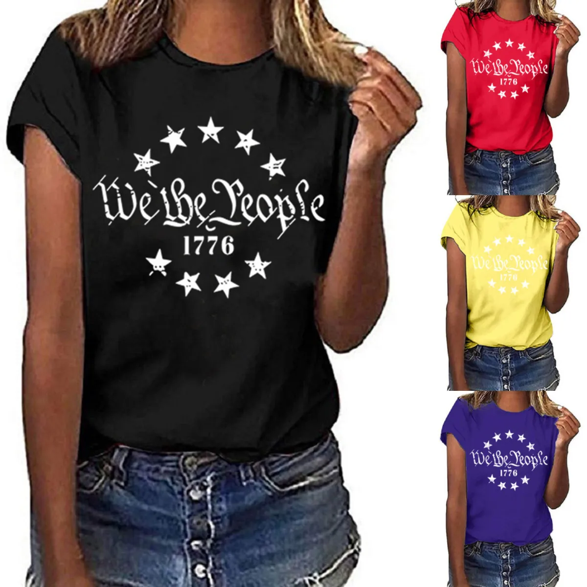 

Girls short sleeve T-shirts popular in Europe and the United States stars 1776 print fashionable round neck girls T-shirt