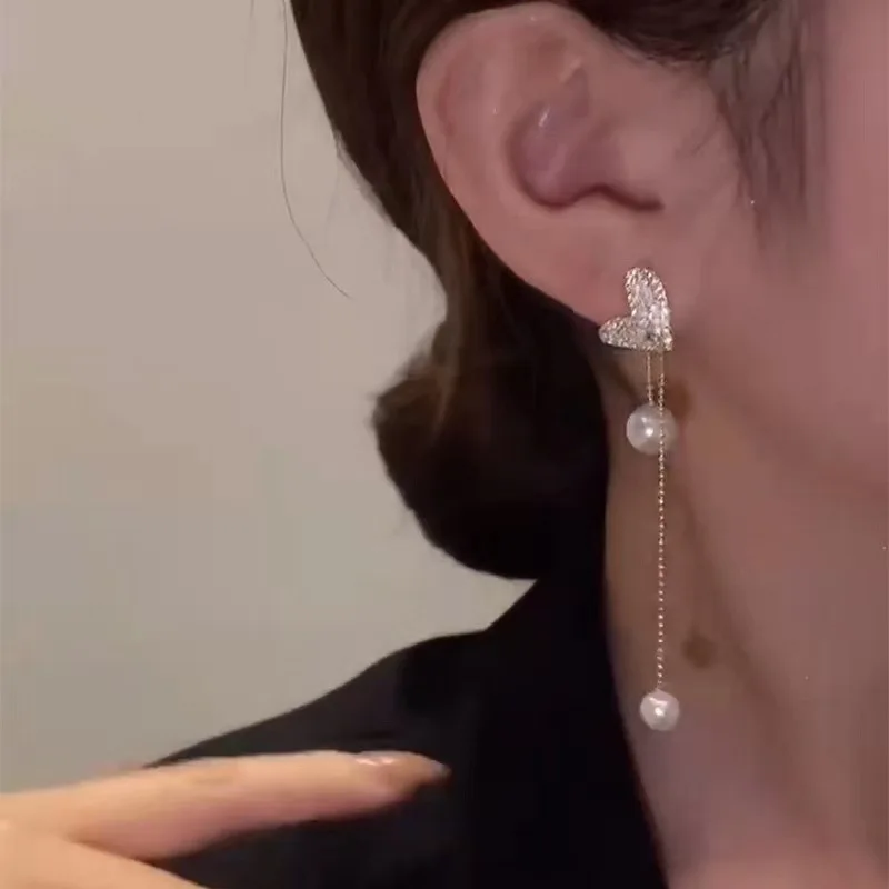 

Coconal Women Bling Heart Pullable Earrings Long Tassel Pearl Adjustable Earrings Inlaid Zircon Earrings Party Jewelry Gift