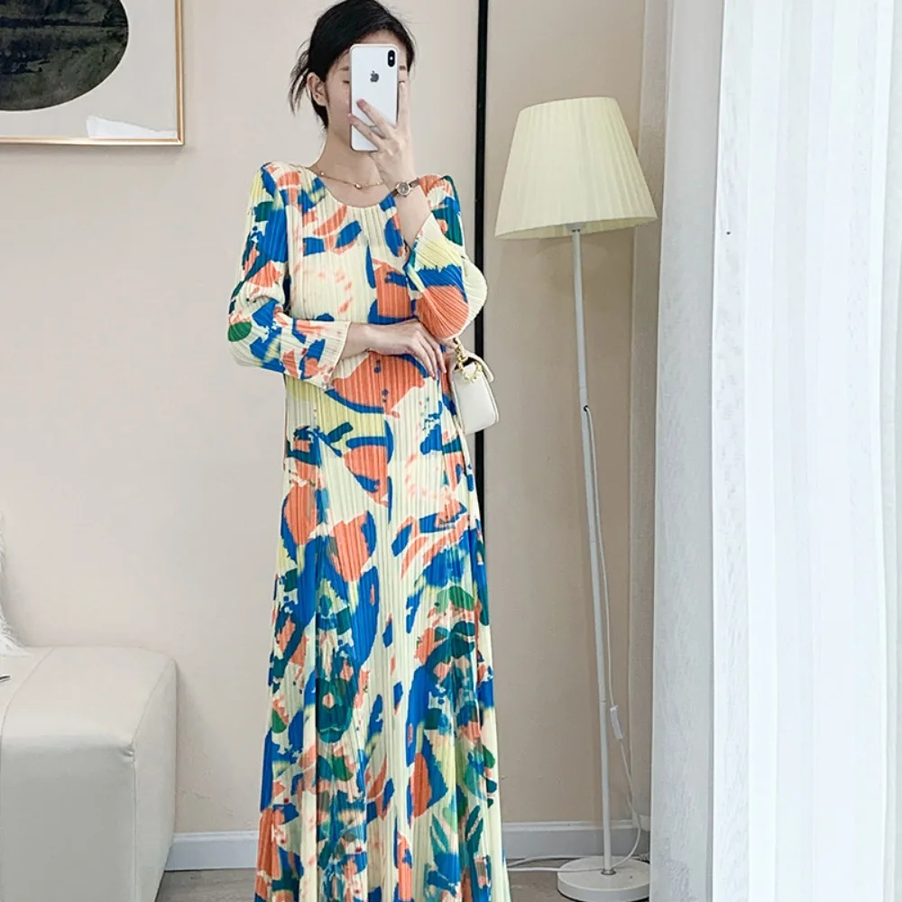 

Miyake Pleat Temperament Fashion Geometric Pattern Print Dress Fall 2023 Advanced Sense of Literature Medium-length Dress Women